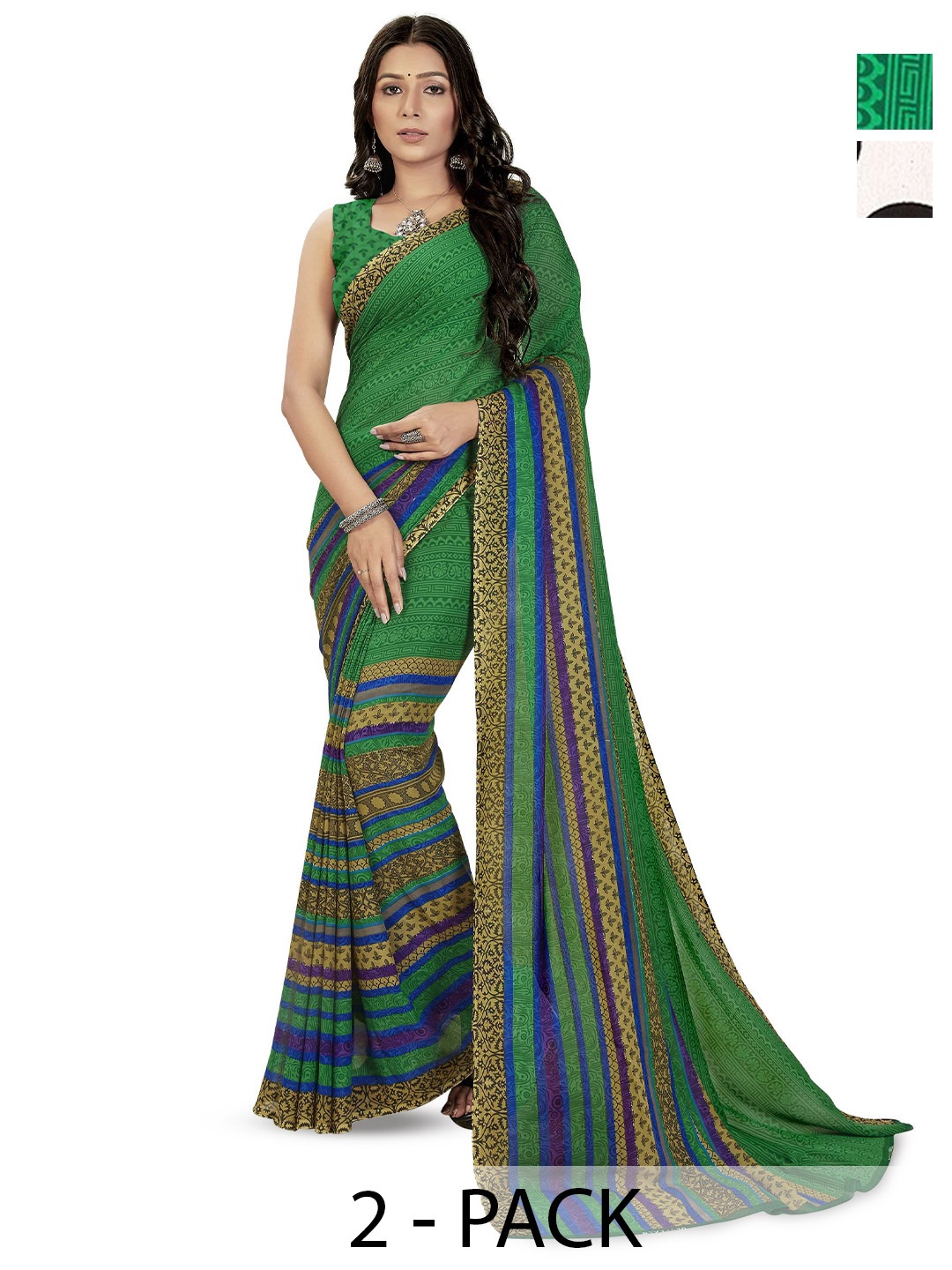 

ANAND SAREES Selection Of 2 Floral Printed Sarees, Green