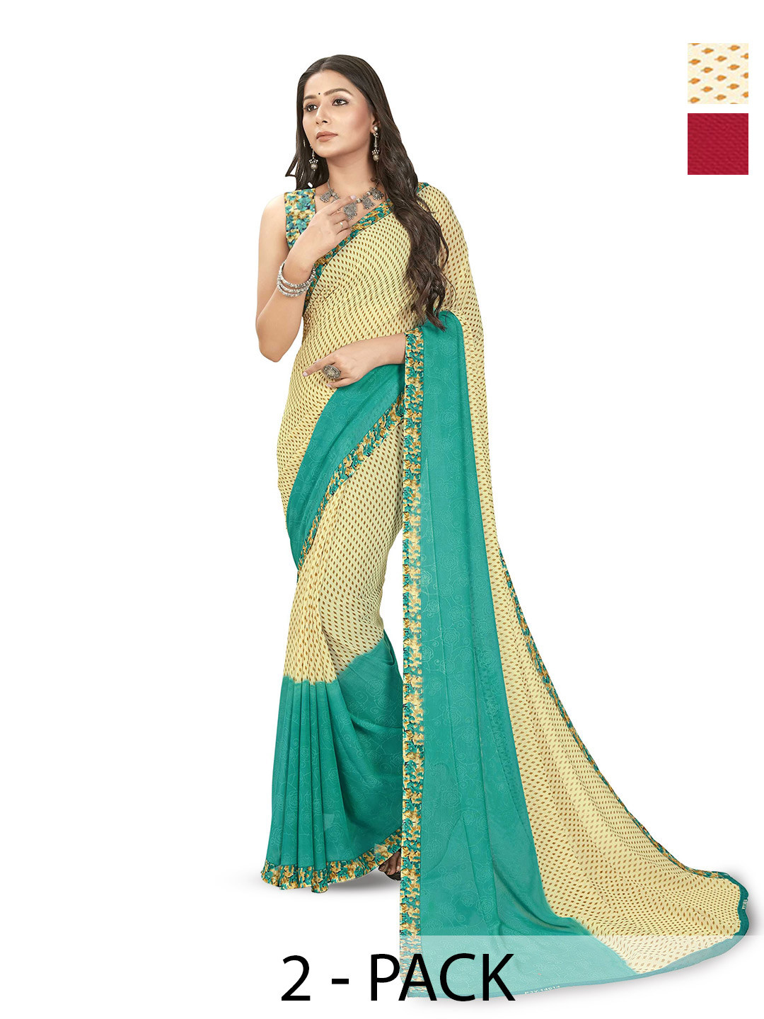 

ANAND SAREES Selection Of 2 Floral Printed Sarees, Green