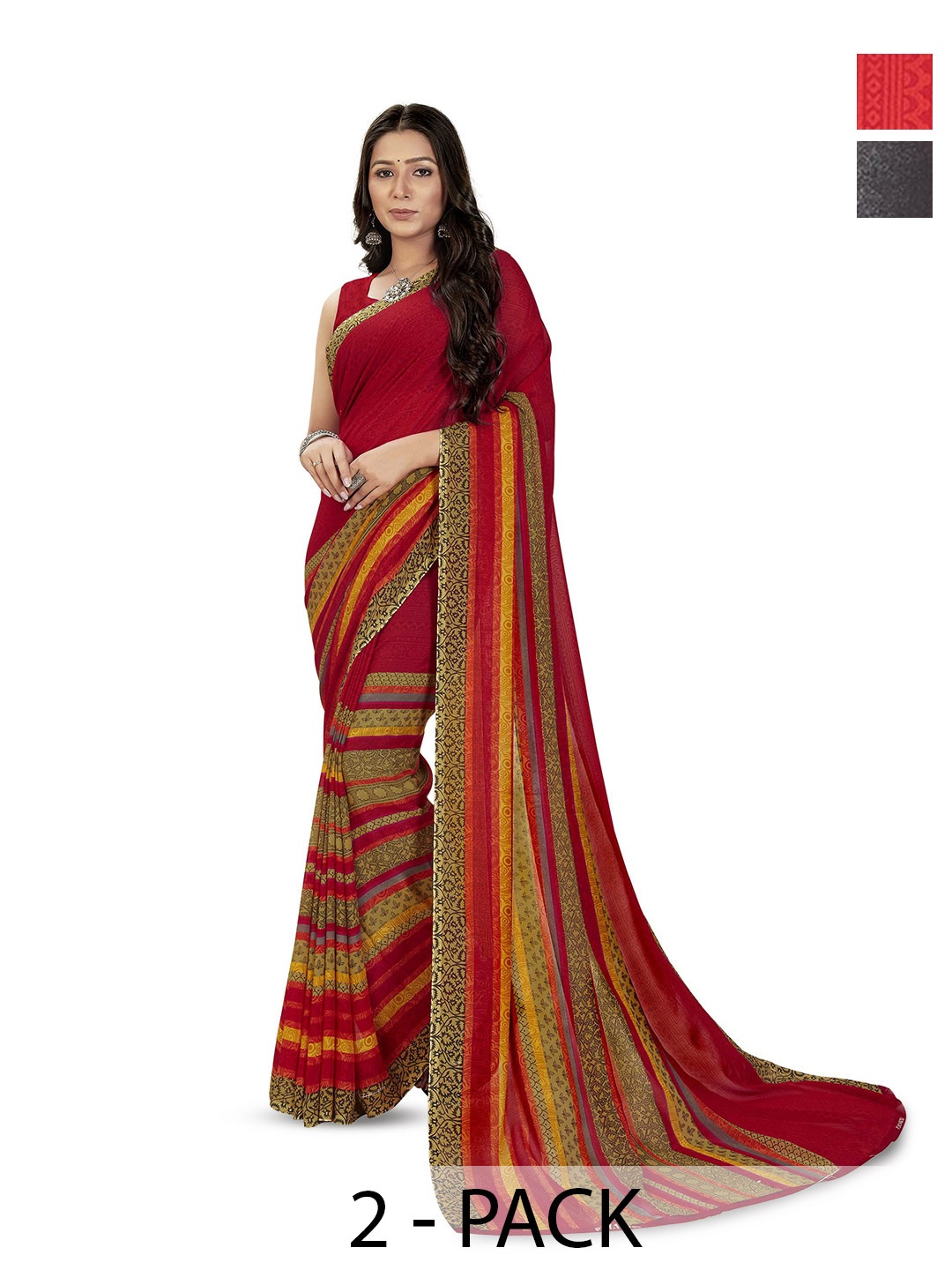 

ANAND SAREES Selection Of 2 Floral Printed Sarees, Red