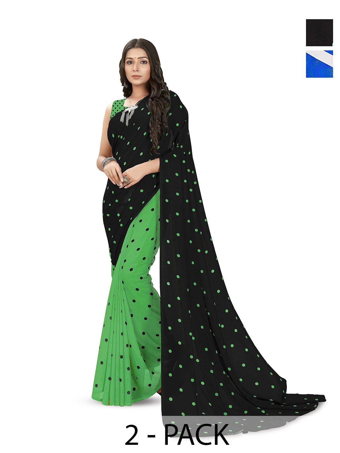 

ANAND SAREES Selection Of 2 Polka Dot Printed Sarees, Blue