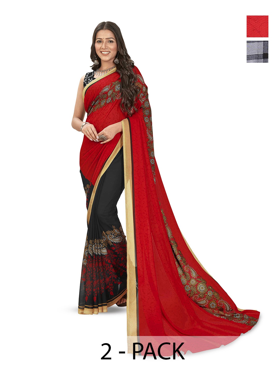 

ANAND SAREES Selection Of 2 Floral Printed Sarees, Black