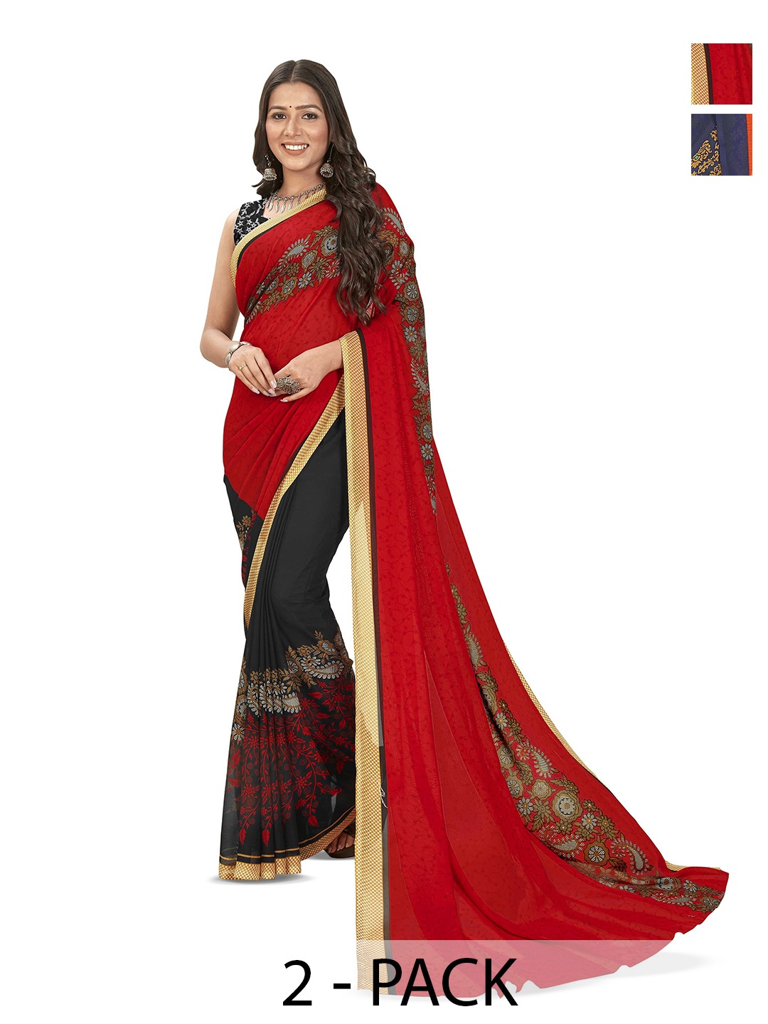 

ANAND SAREES Selection Of 2 Floral Printed Sarees, Orange