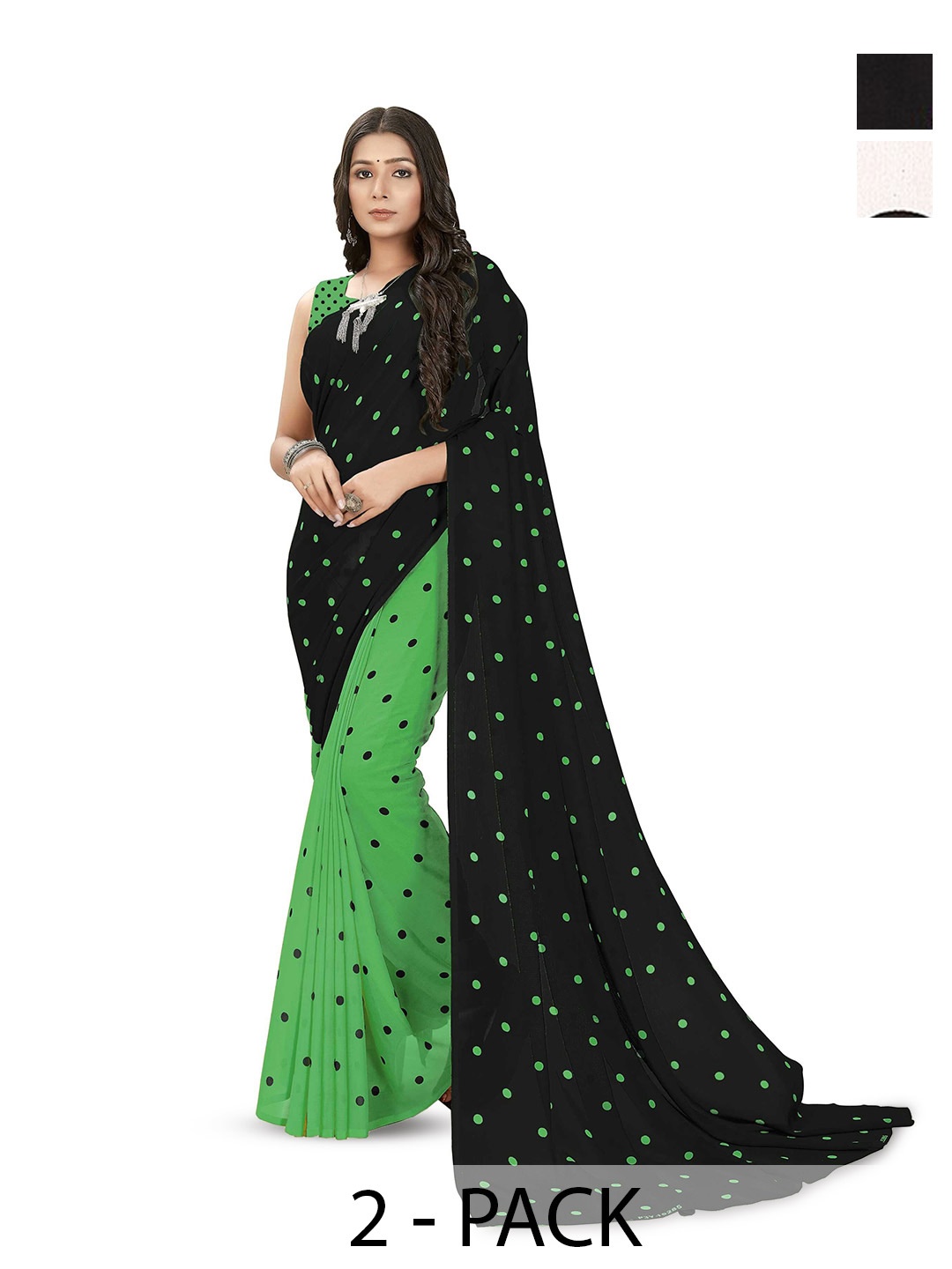 

ANAND SAREES Selection Of 2 Polka Dot Printed Sarees, White