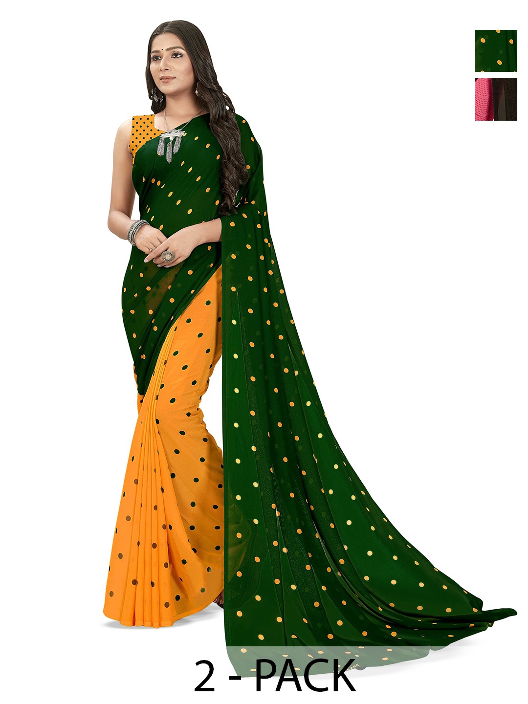 

ANAND SAREES Selection Of 2 Polka Dot Printed Sarees, Green