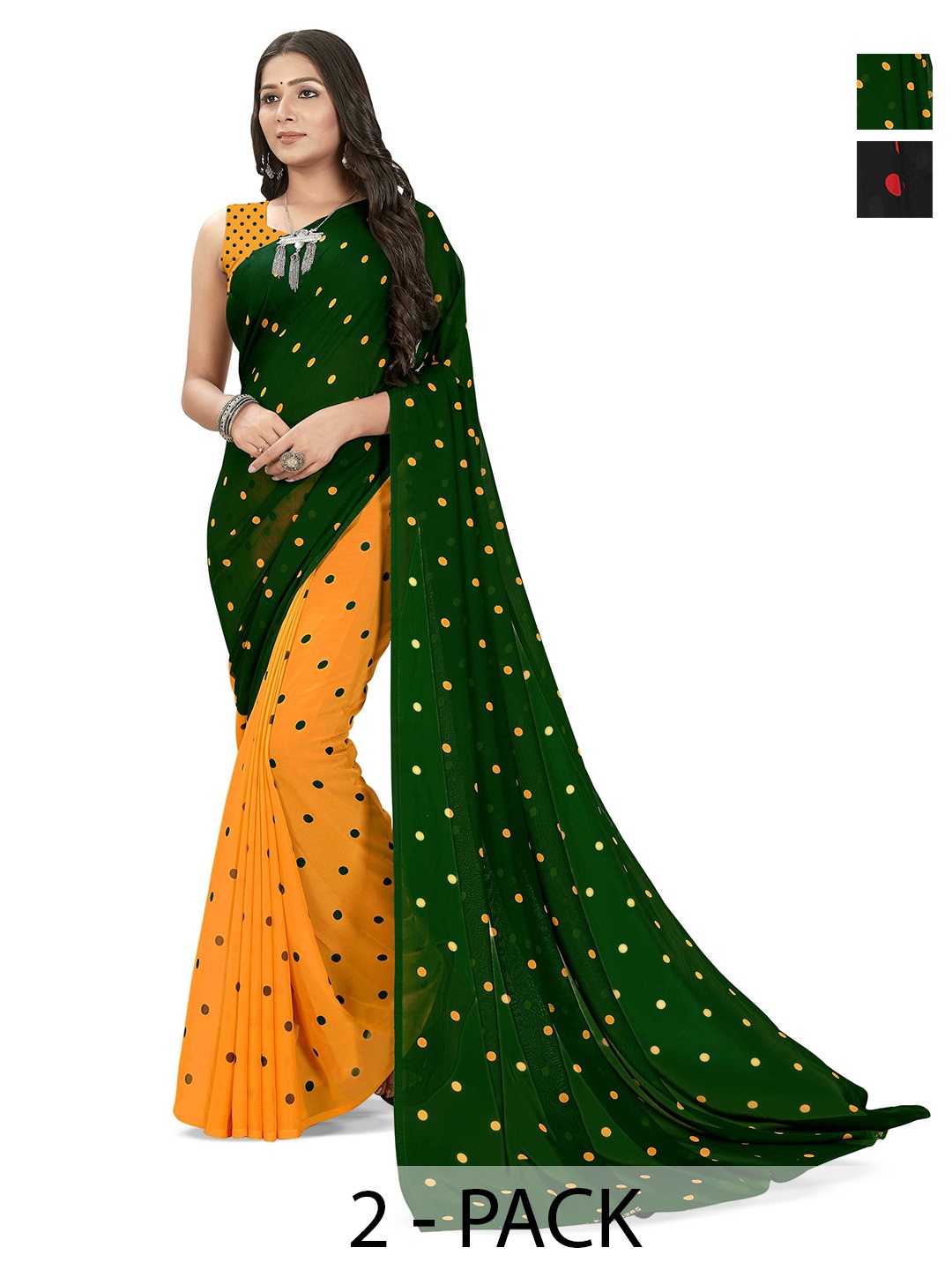 

ANAND SAREES Selection of 2 Polka Dot Printed Sarees, Green