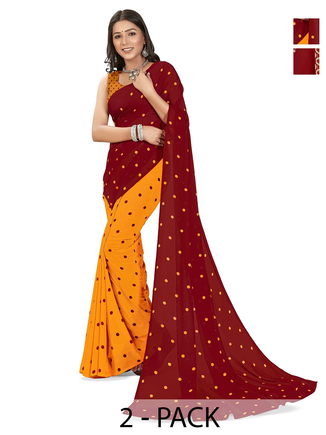 

ANAND SAREES Selection of 2 Polka Dots & Ethnic Motifs Printed Sarees, Maroon