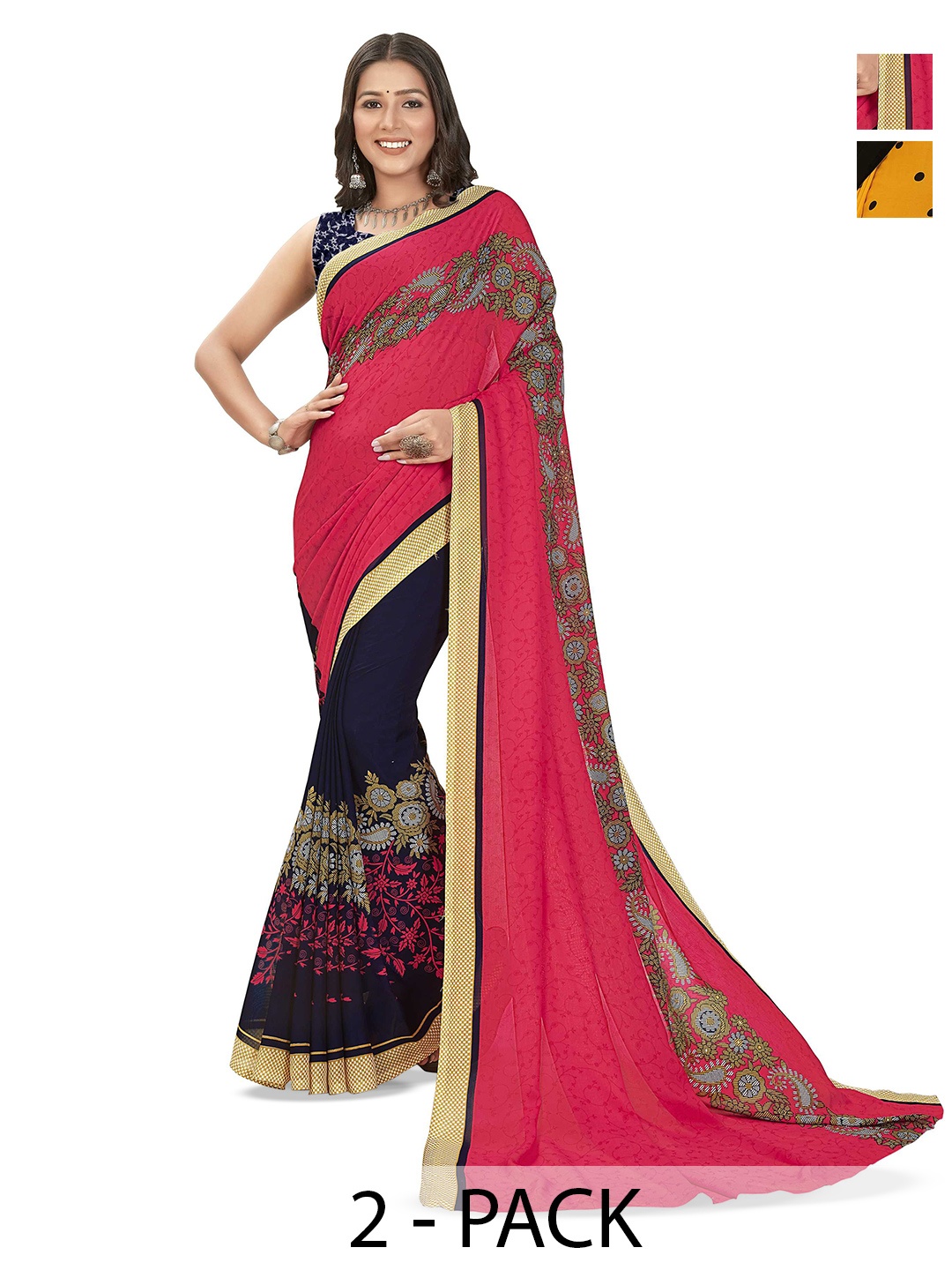 

ANAND SAREES Selection Of 2 Floral Printed Sarees, Black