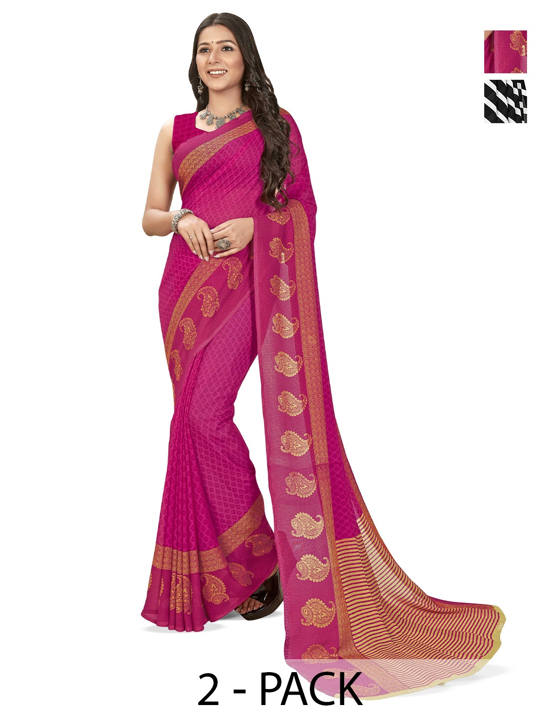 

ANAND SAREES Selection of 2 Geometric Printed Sarees, Black