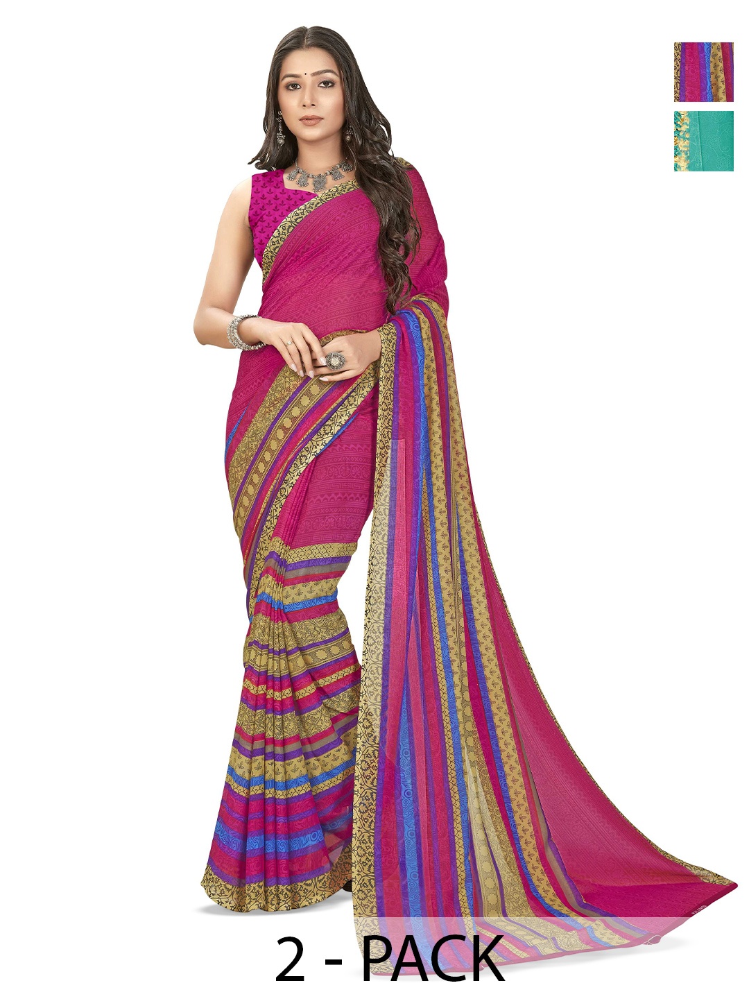 

ANAND SAREES Ethnic Motifs Poly Georgette Saree Pack of 2, Pink