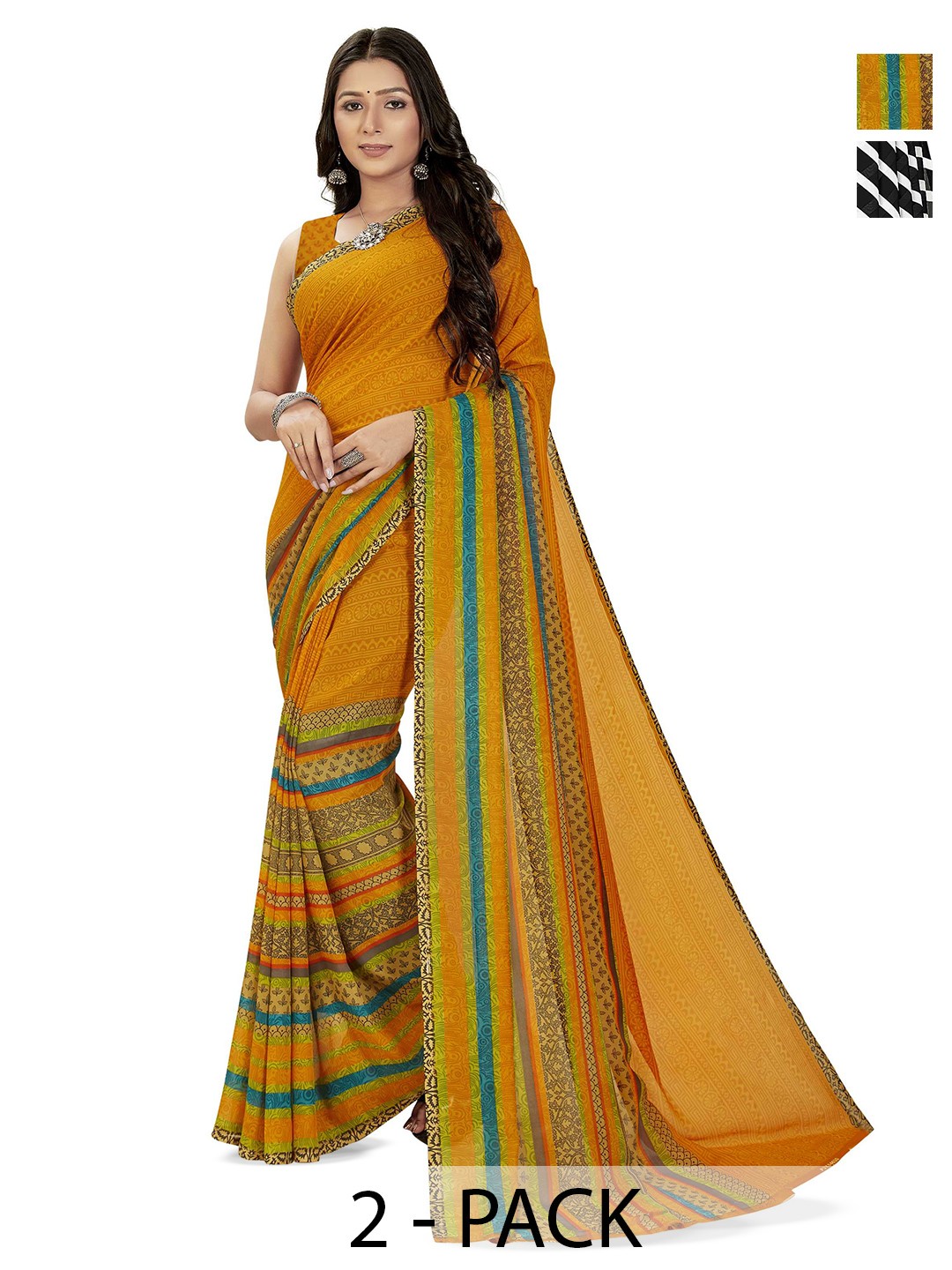 

ANAND SAREES Selection Of 2 Polka Dot Printed Saree, Black