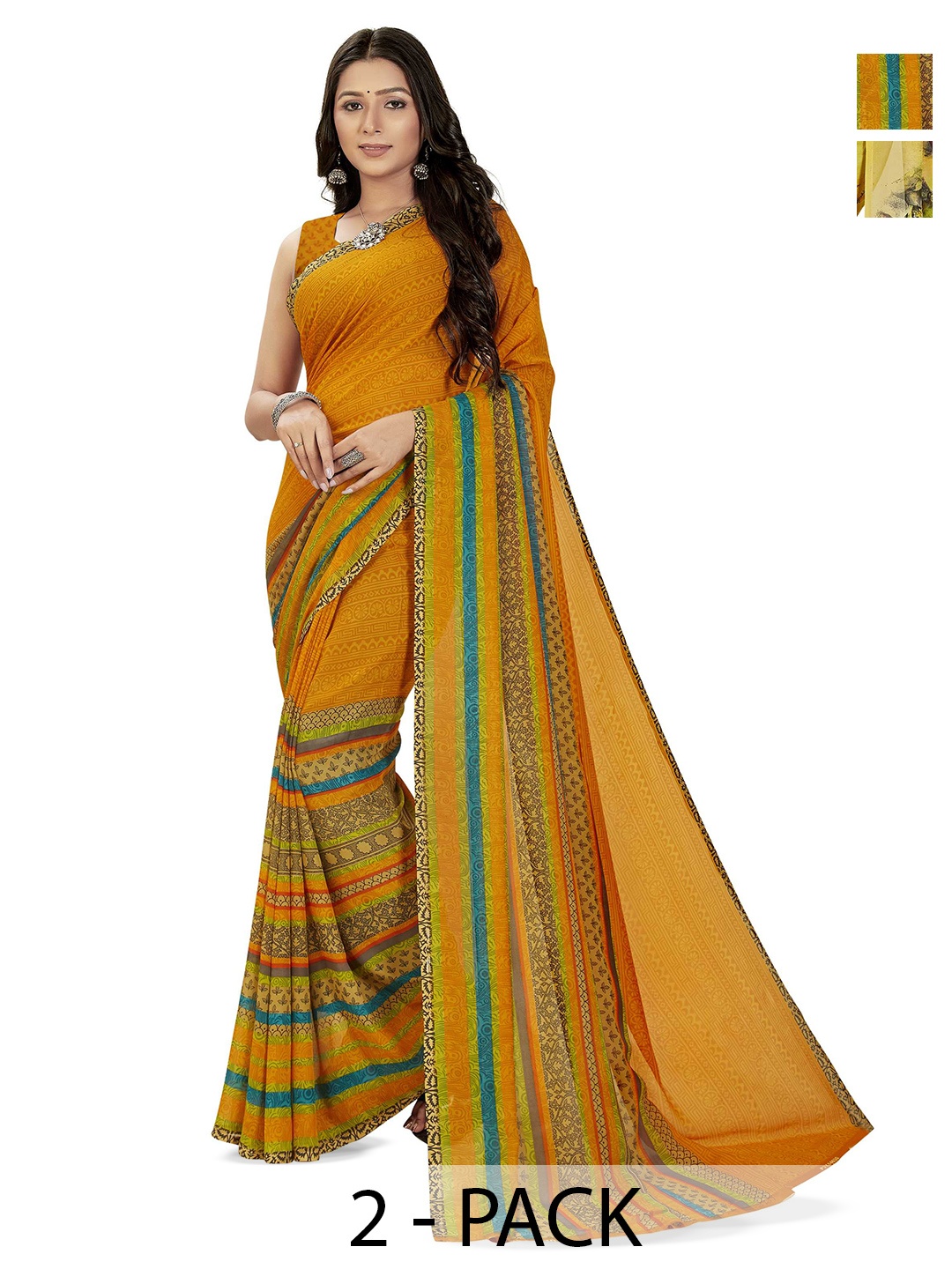 

ANAND SAREES Selection of 2 Floral Printed Sarees, Yellow