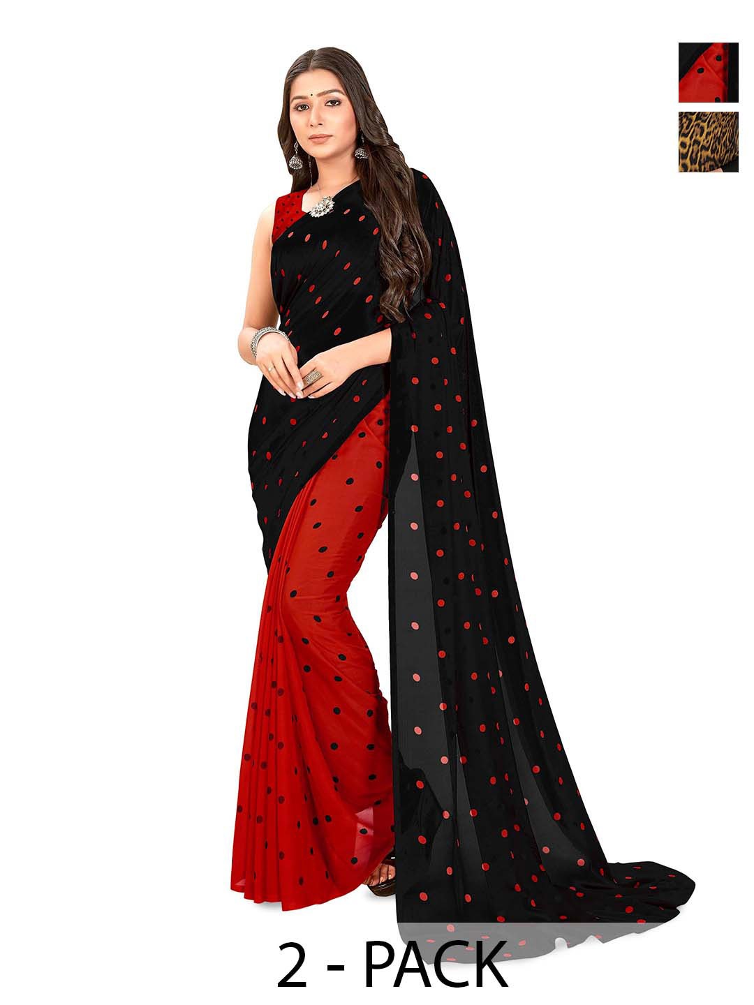 

ANAND SAREES Selection of 2 Polka Dots Printed Saree, Red