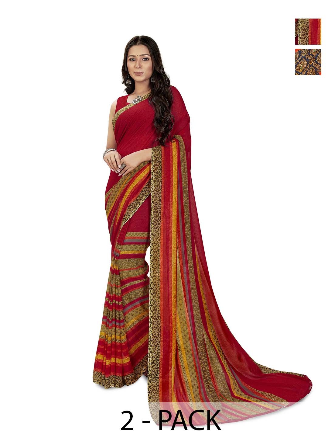 

ANAND SAREES Selection Of 2 Floral Printed Sarees, Red