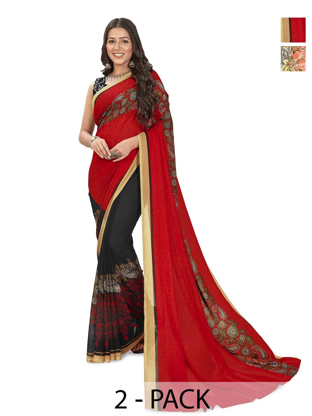 

ANAND SAREES Selection of 2 Floral Printed Sarees, Peach