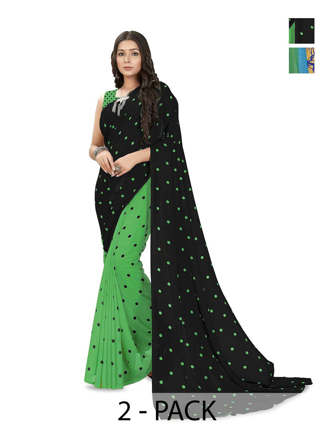 

ANAND SAREES Selection of 2 Polka Dot Printed Saree, Black