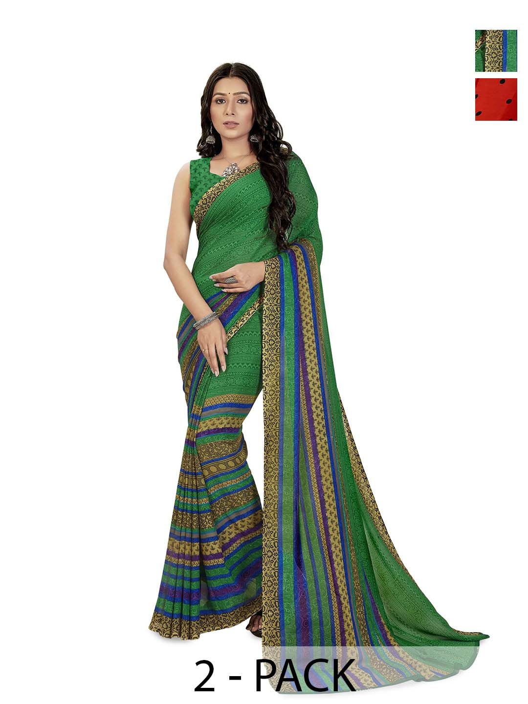

ANAND SAREES Selection of 2 Polka Dot Saree, Green