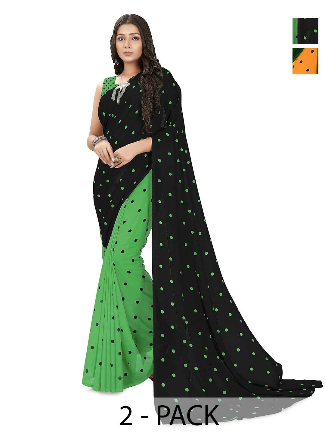 

ANAND SAREES Polka Dot Poly Georgette Saree Pack of 2, Green