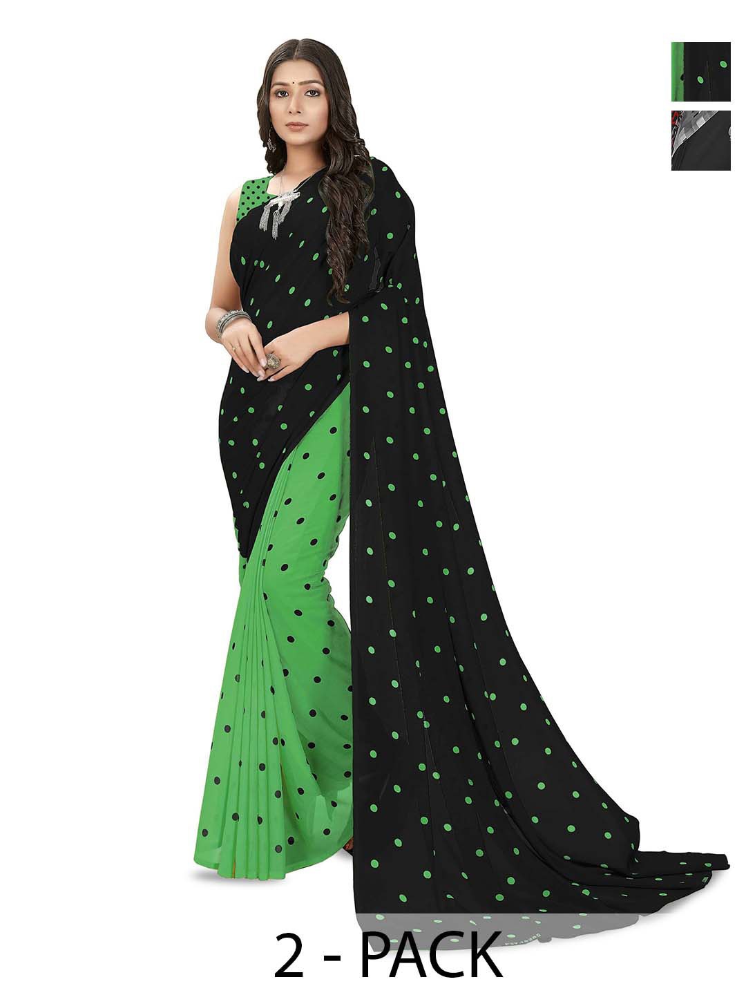 

ANAND SAREES Selection of 2 Polka Dot Printed Sarees, Green