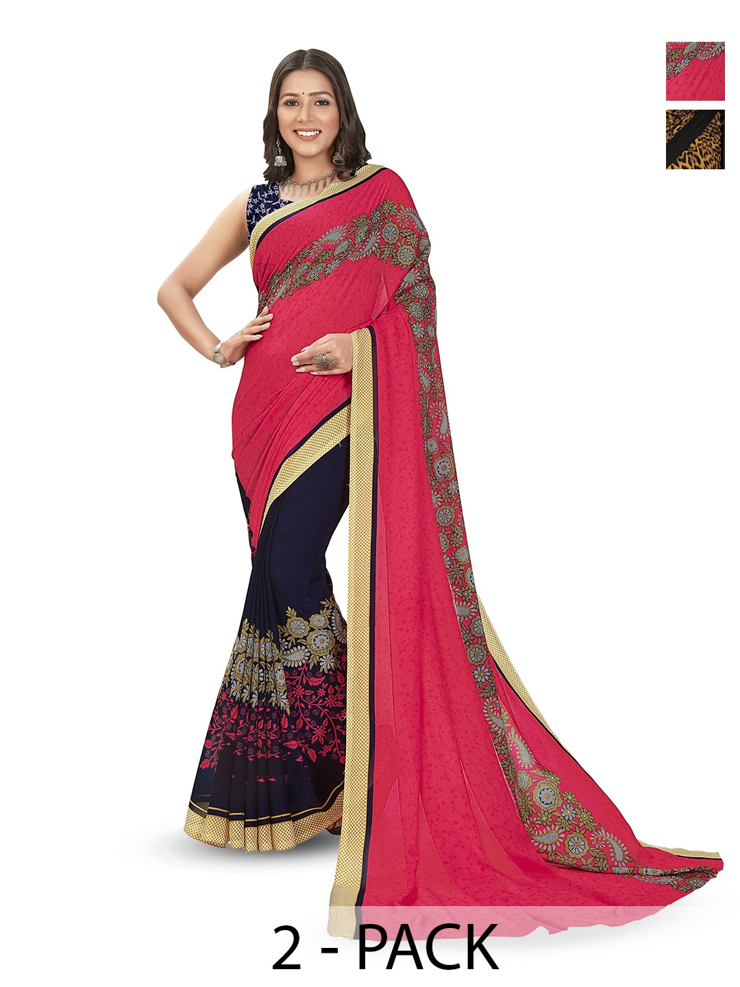 

ANAND SAREES Selection Of 2 Abstract Printed Sarees, Brown