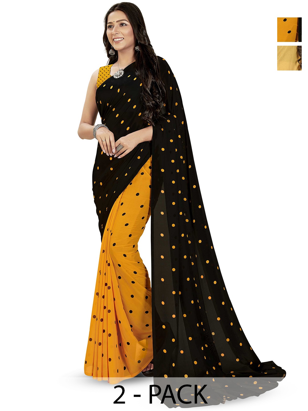 

ANAND SAREES Selection of 2 Polka Dots Printed Sarees, Black
