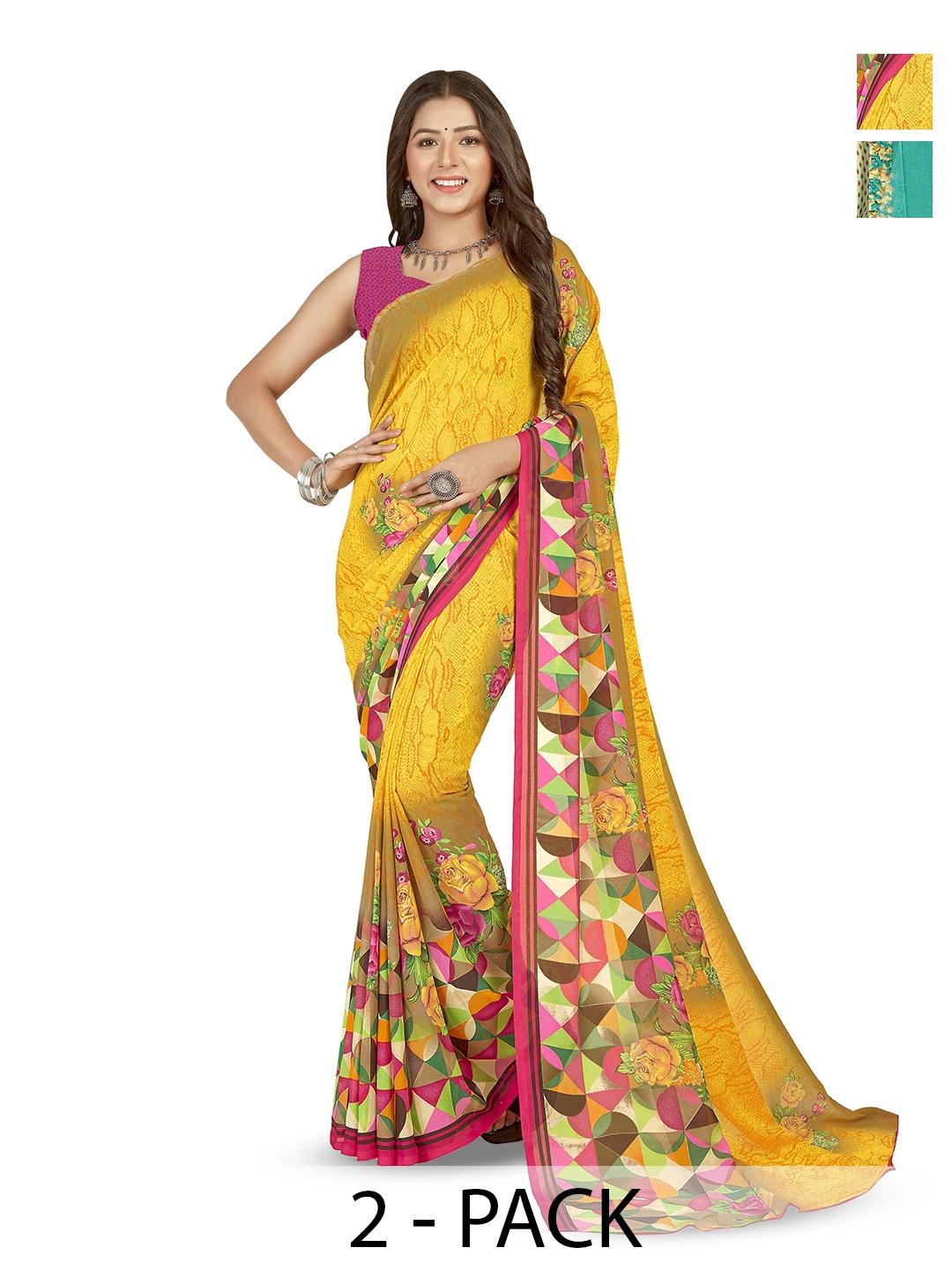 

ANAND SAREES Floral Poly Georgette Saree Pack of 2, Yellow