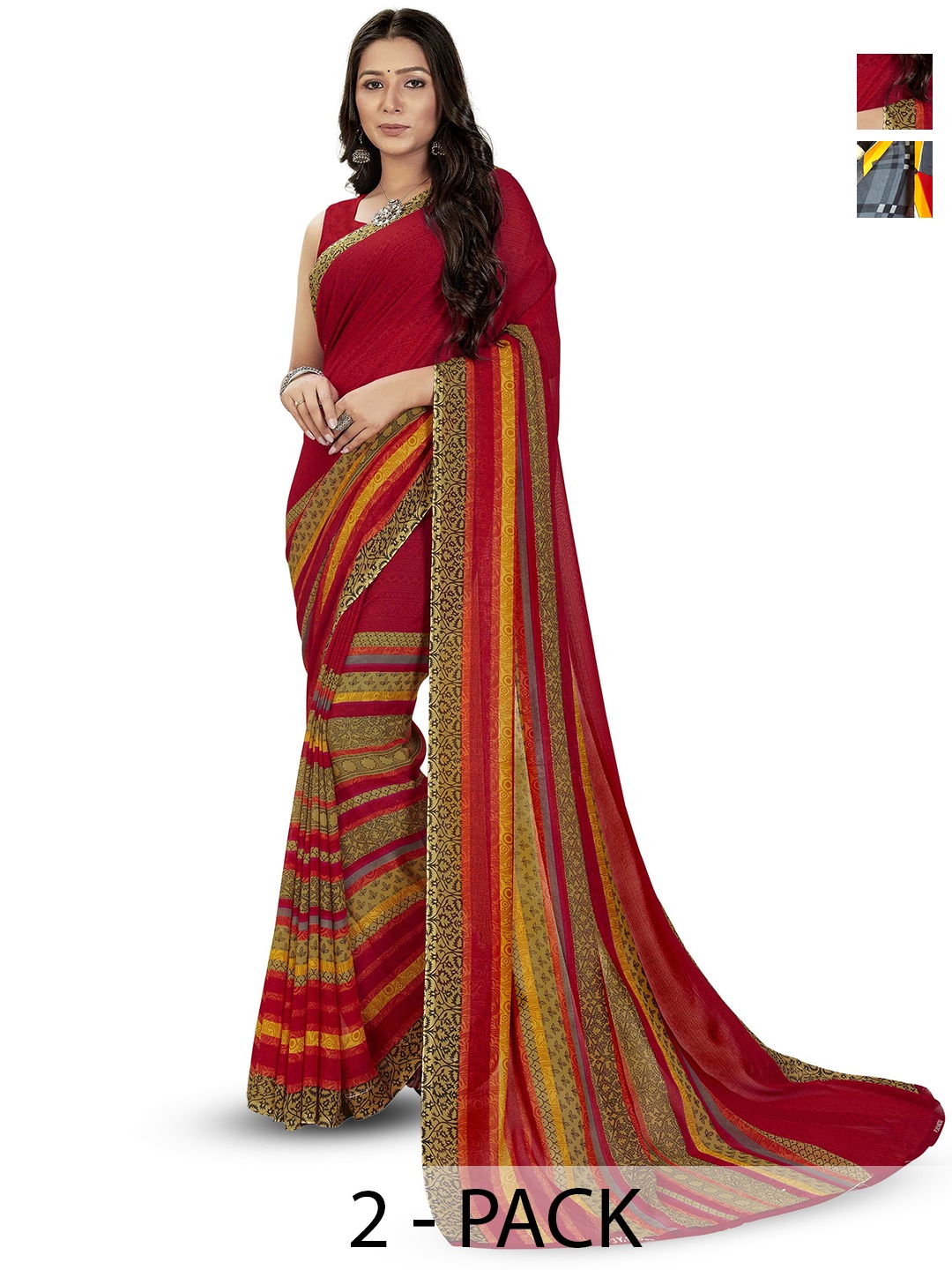

ANAND SAREES Floral Poly Georgette Saree Pack of 2, Red