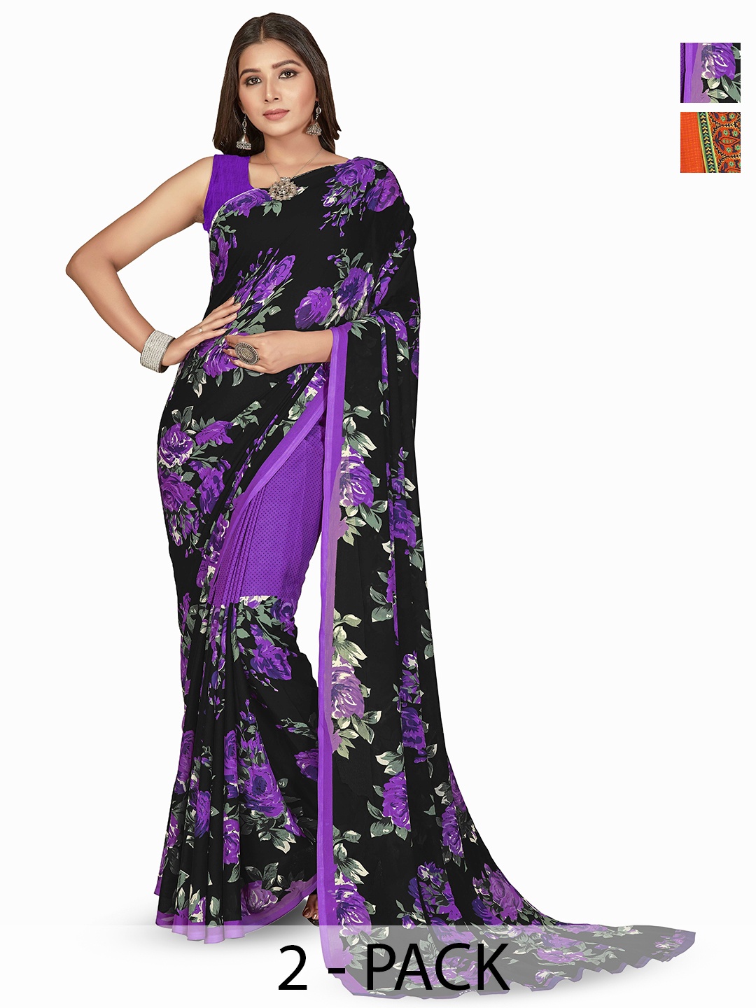 

ANAND SAREES Selection Of 2 Floral Printed Sarees, Black