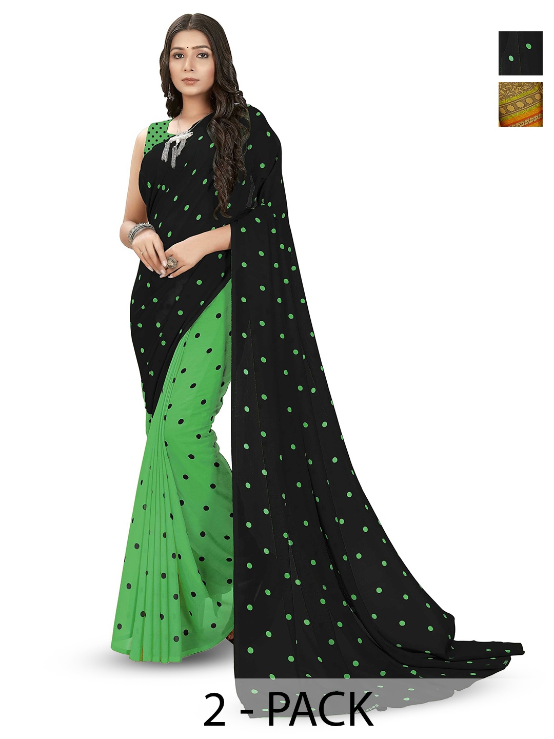 

ANAND SAREES Polka Dot Poly Georgette Saree Pack of 2, Green