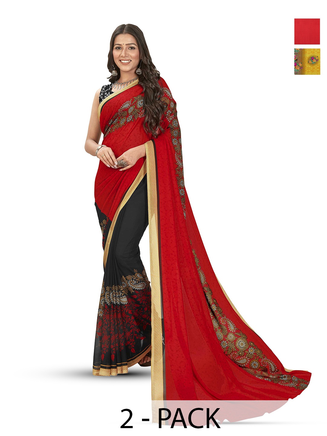 

ANAND SAREES Selction Of 2 Floral Printed Sarees, Yellow