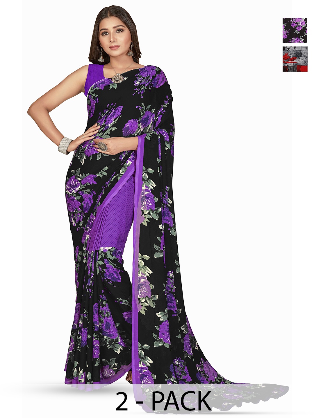 

ANAND SAREES Selection Of 2 Floral Printed Sarees, Black