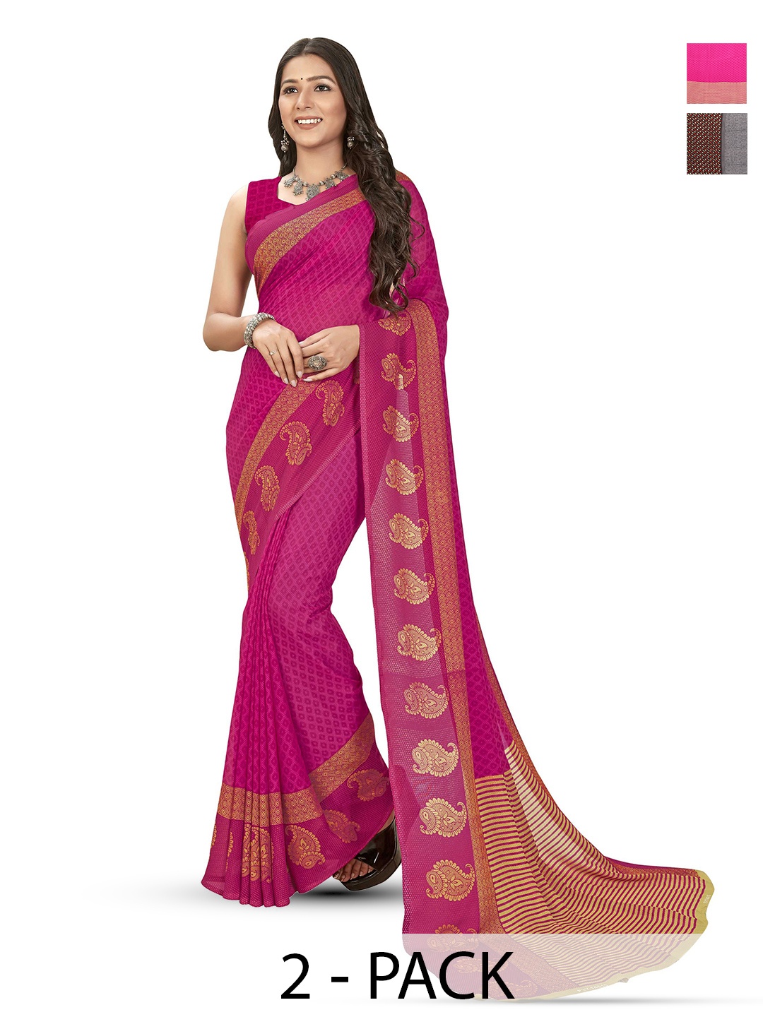 

ANAND SAREES Selection of 2 Ethnic Motifs Printed Sarees, Pink
