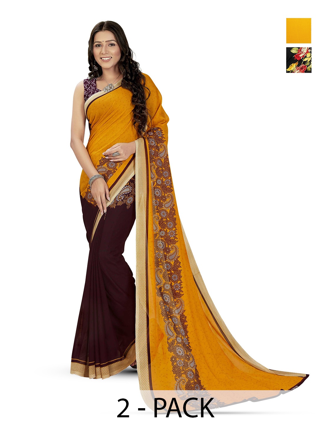

ANAND SAREES Selection Of 2 Floral Printed Sarees, Black