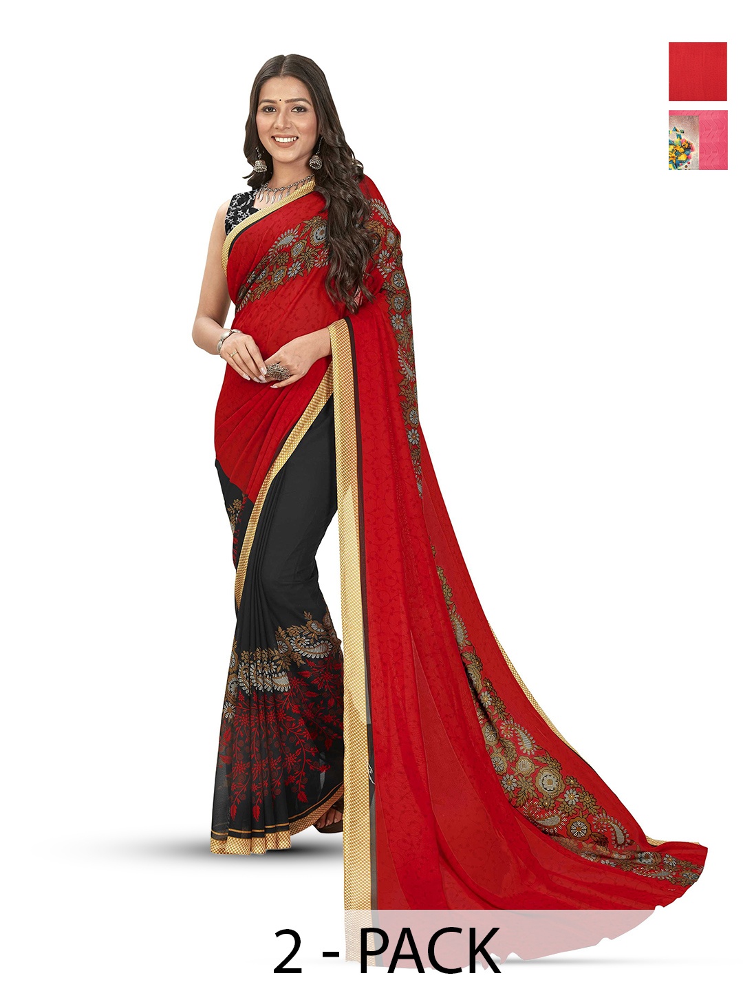 

ANAND SAREES Selection Of 2 Floral Printed Sarees, Red