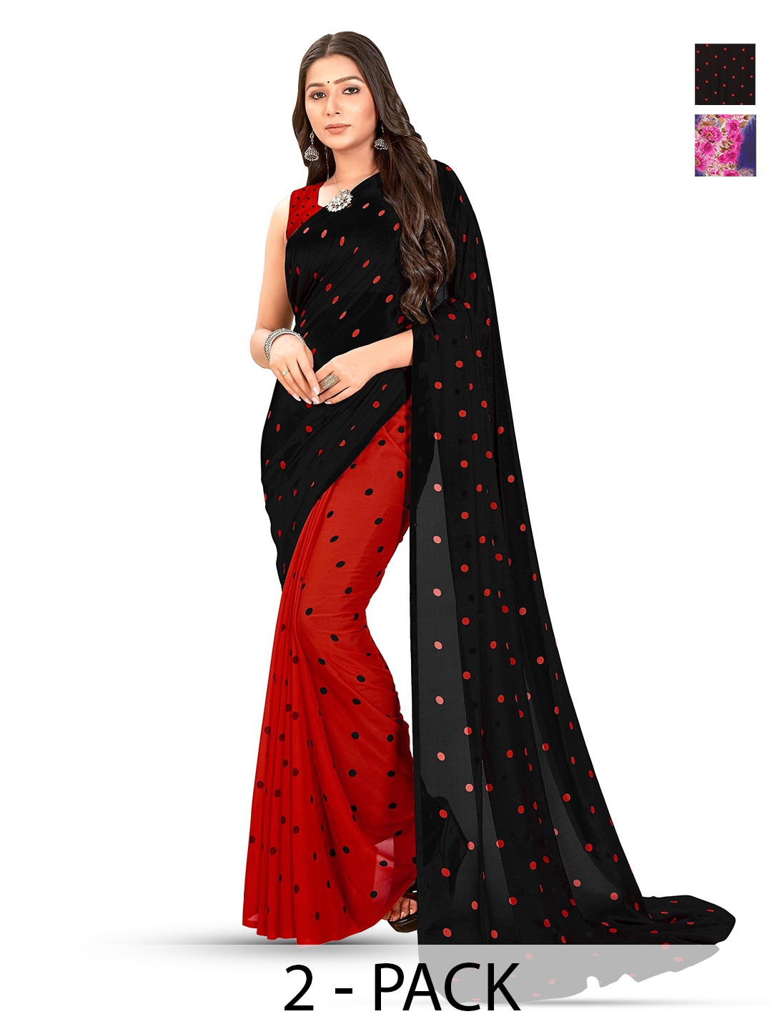 

ANAND SAREES Selection of 2 Polka Dot Printed Sarees, Black