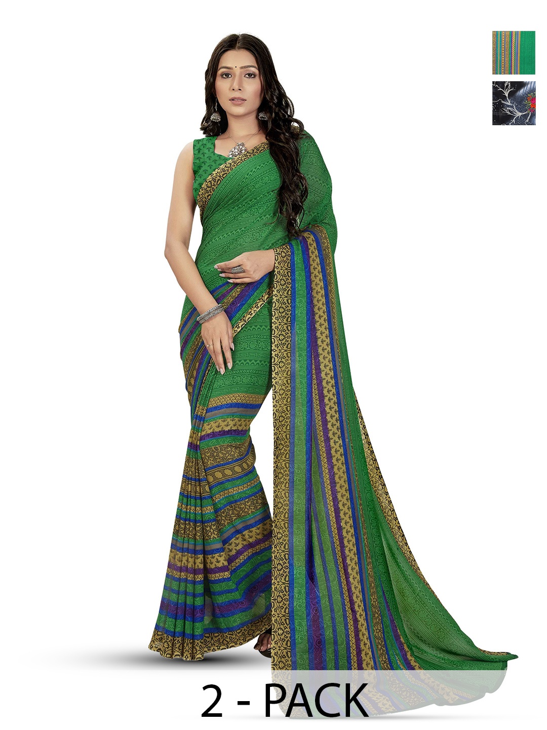 

ANAND SAREES Pack of 2 Floral Saree, Blue
