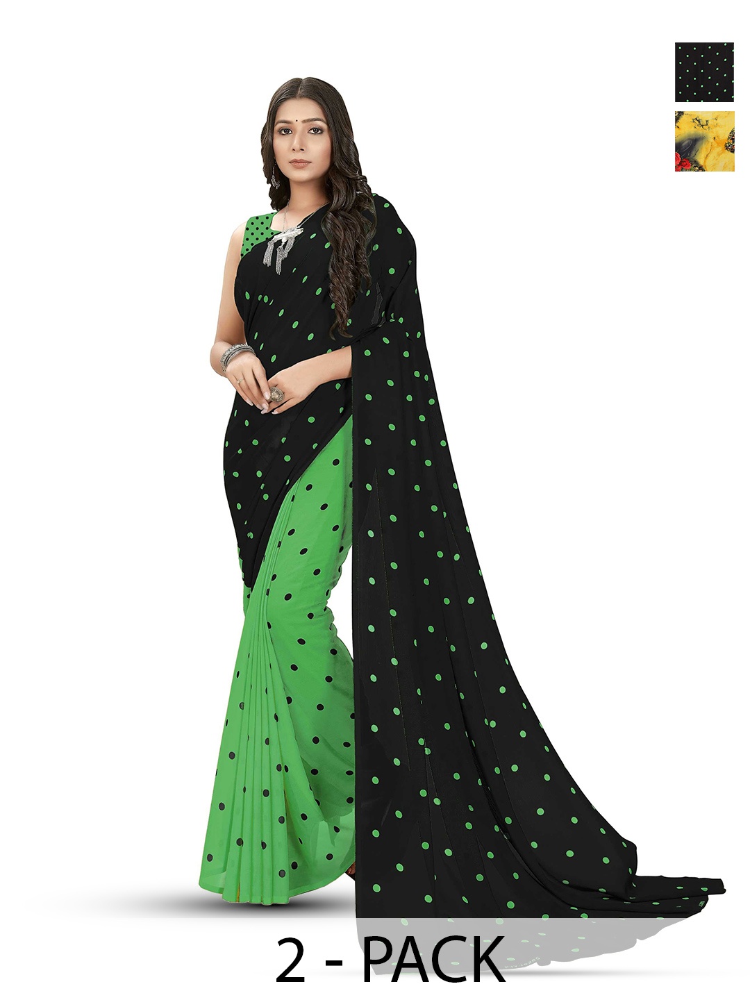 

ANAND SAREES Selection of 2 Polka Dot Printed Saree, Black