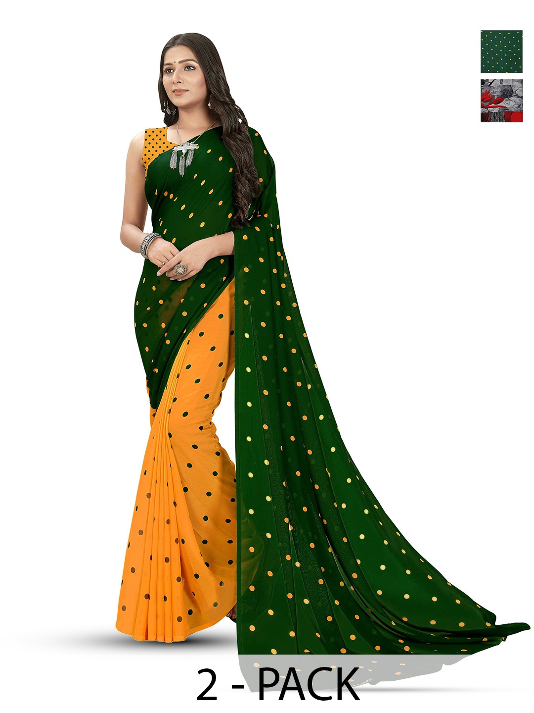 

ANAND SAREES Selection of 2 Polka Dot Saree, Green