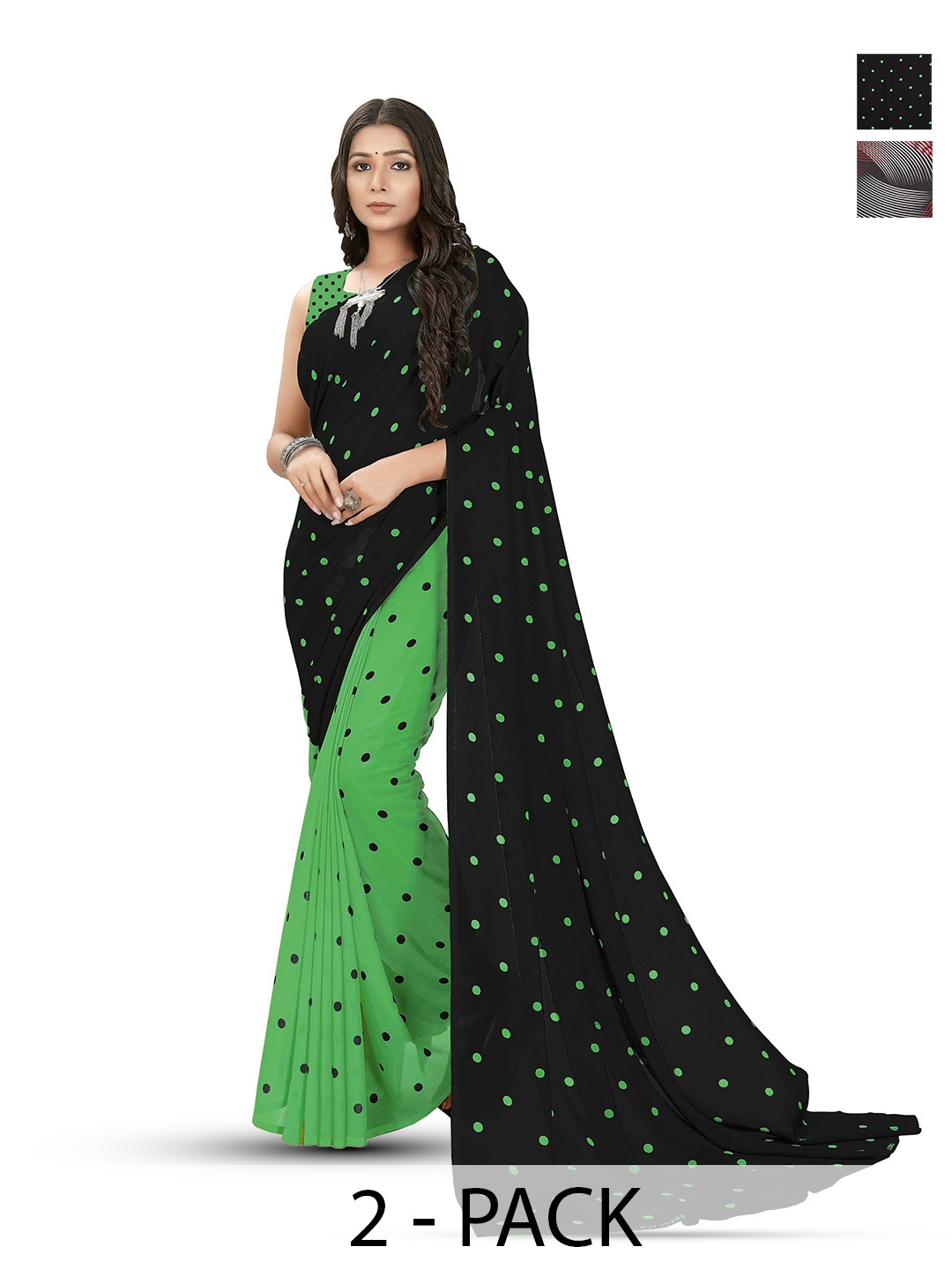 

ANAND SAREES Selection of 2 Polka Dot Printed Sarees, Black