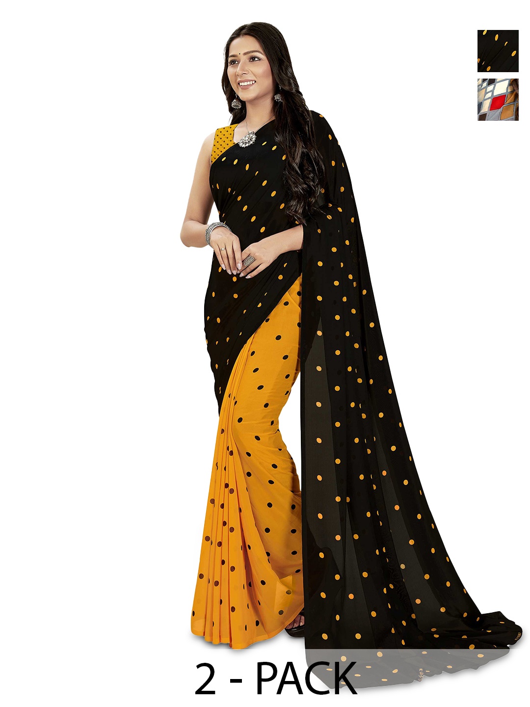 

ANAND SAREES Selection of 2 Polka Dots & Geometric Printed Sarees, Yellow