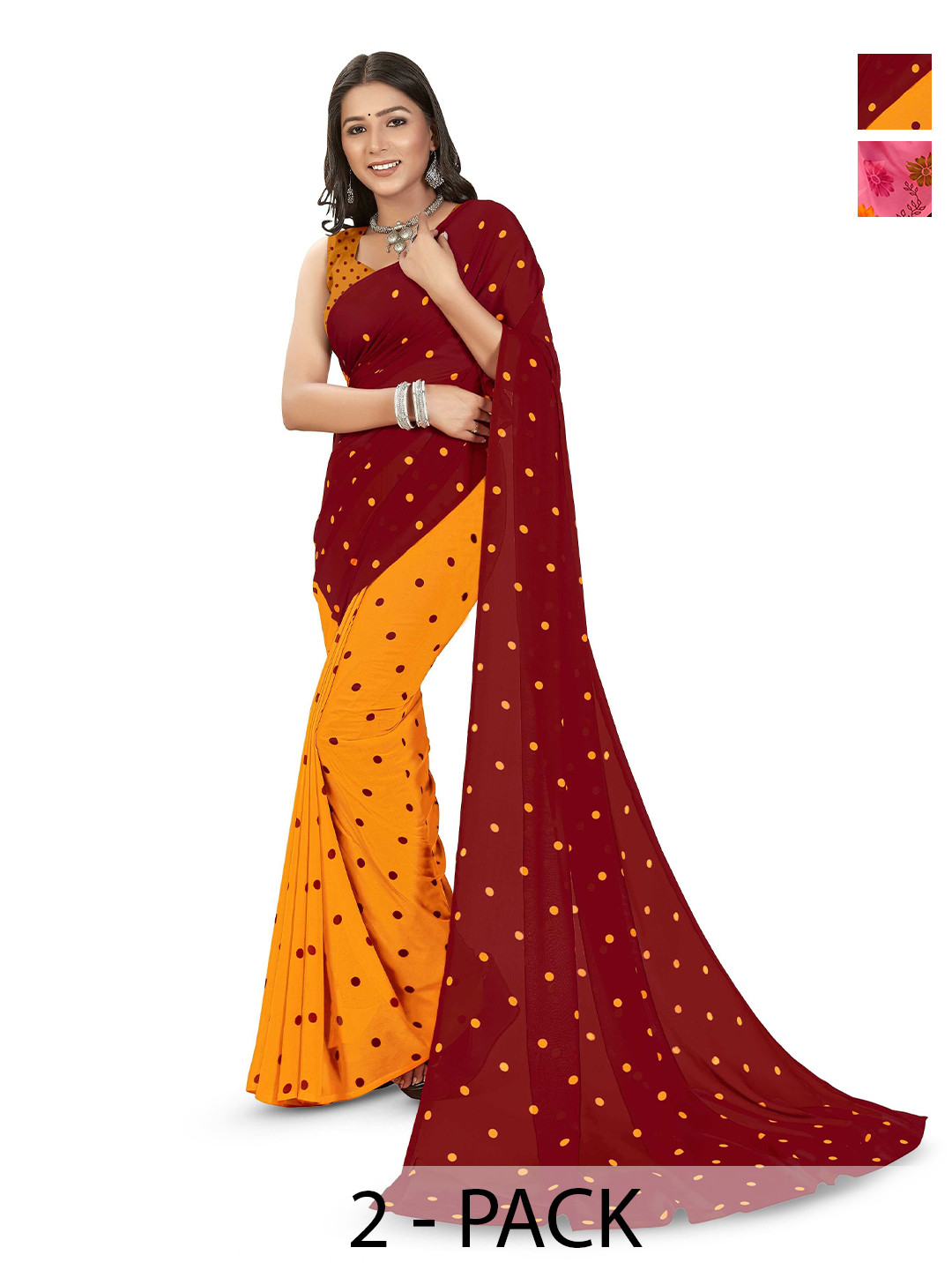 

ANAND SAREES Floral Poly Georgette Saree Pack of 2, Yellow