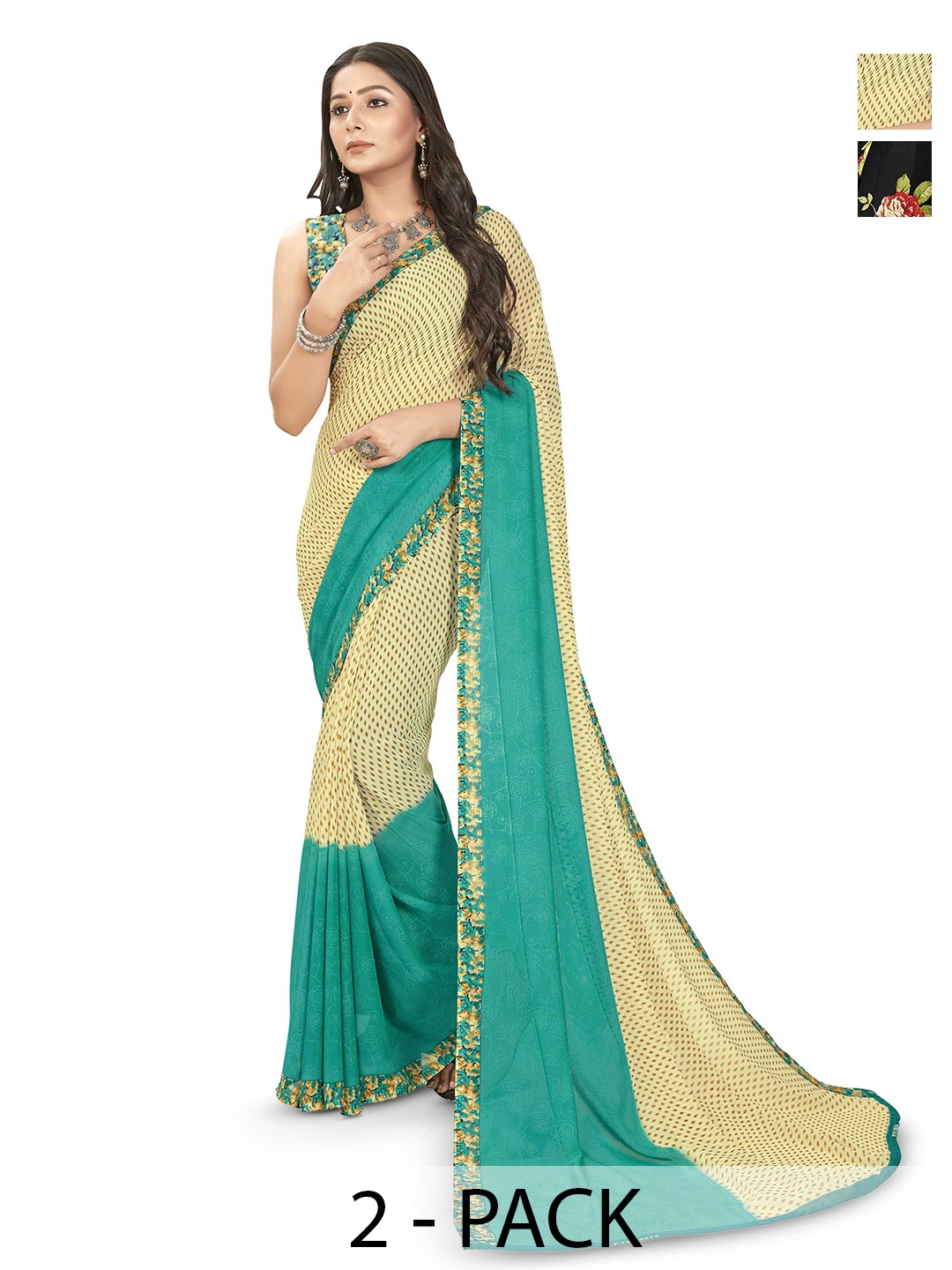 

ANAND SAREES Selection Of 2 Floral Printed Saree, Black