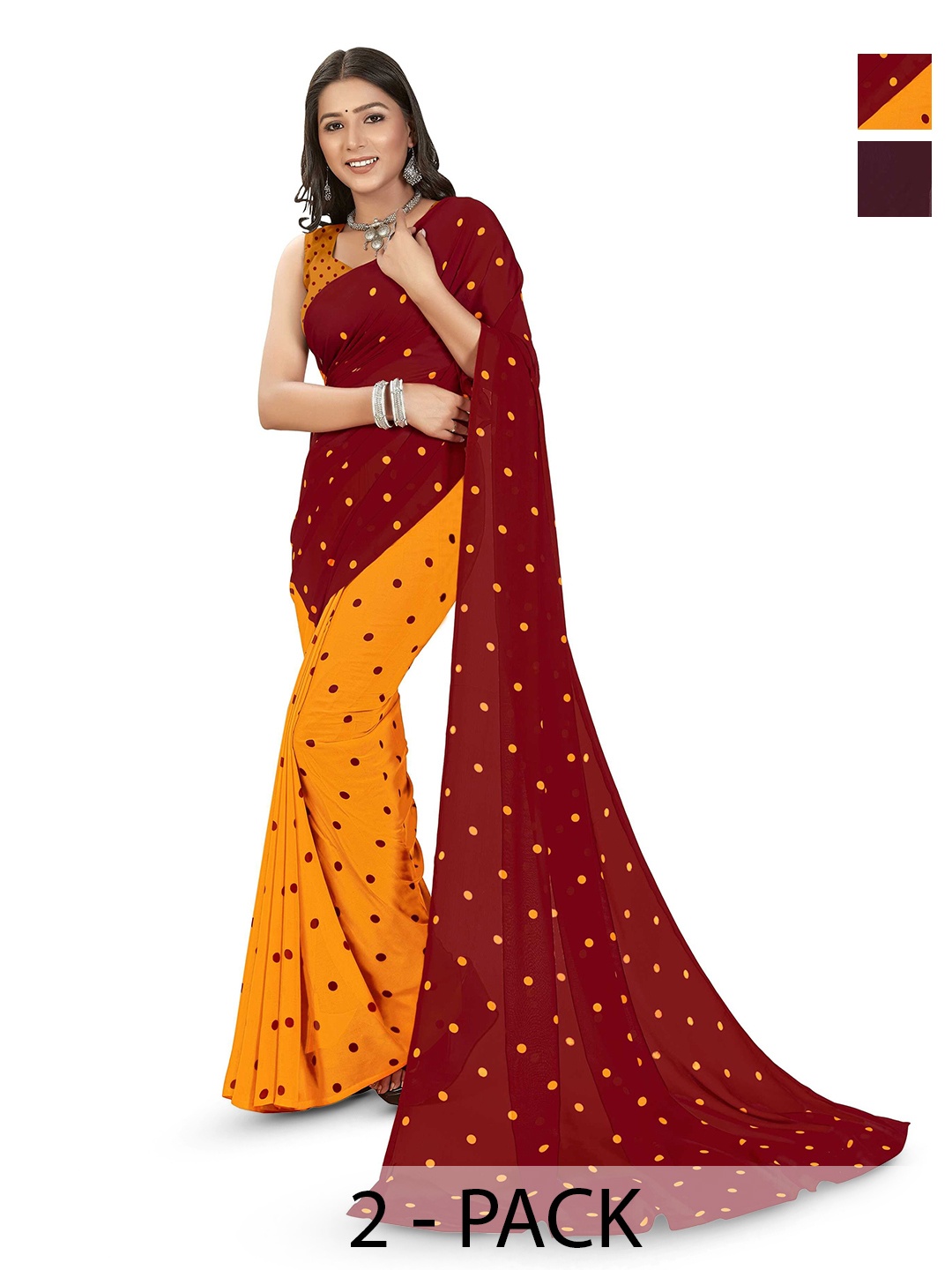 

ANAND SAREES Selection Of 2 Polka Dot Printed Saree, Red