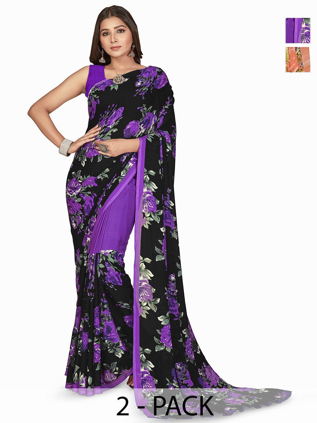 

ANAND SAREES Selection Of 2 Floral Printed Saree, Black