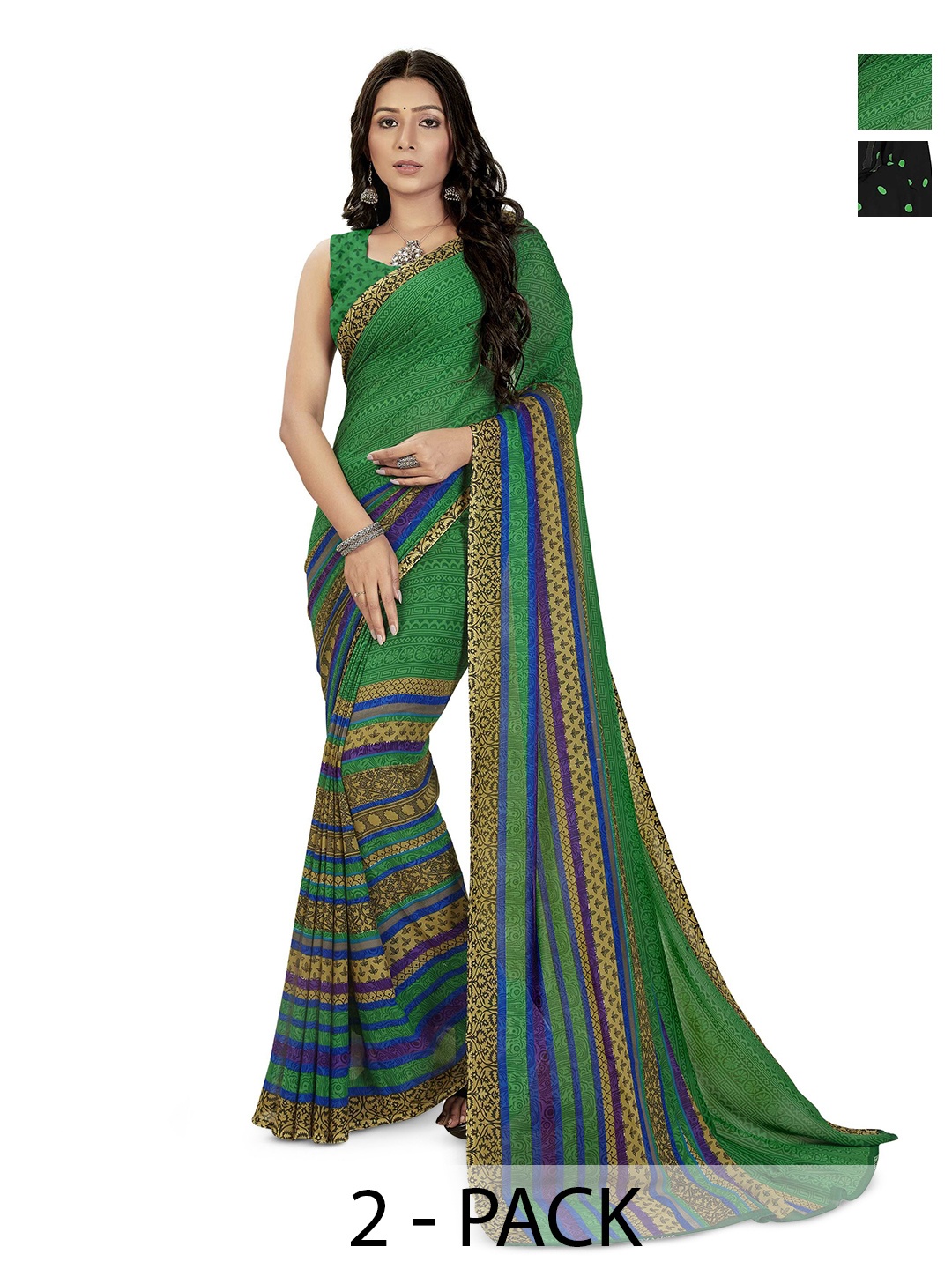 

ANAND SAREES Selection Of 2 Polka Dot Printed Saree, Green