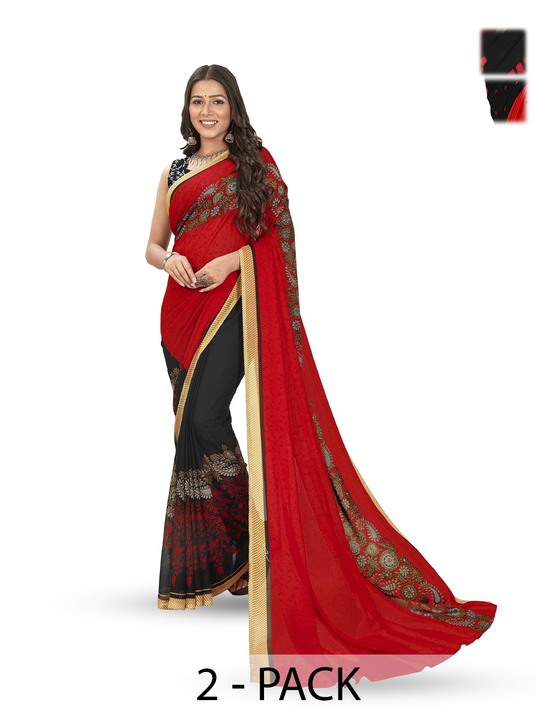 

ANAND SAREES Pack of 2 Polka Dot Half and Half Saree, Red