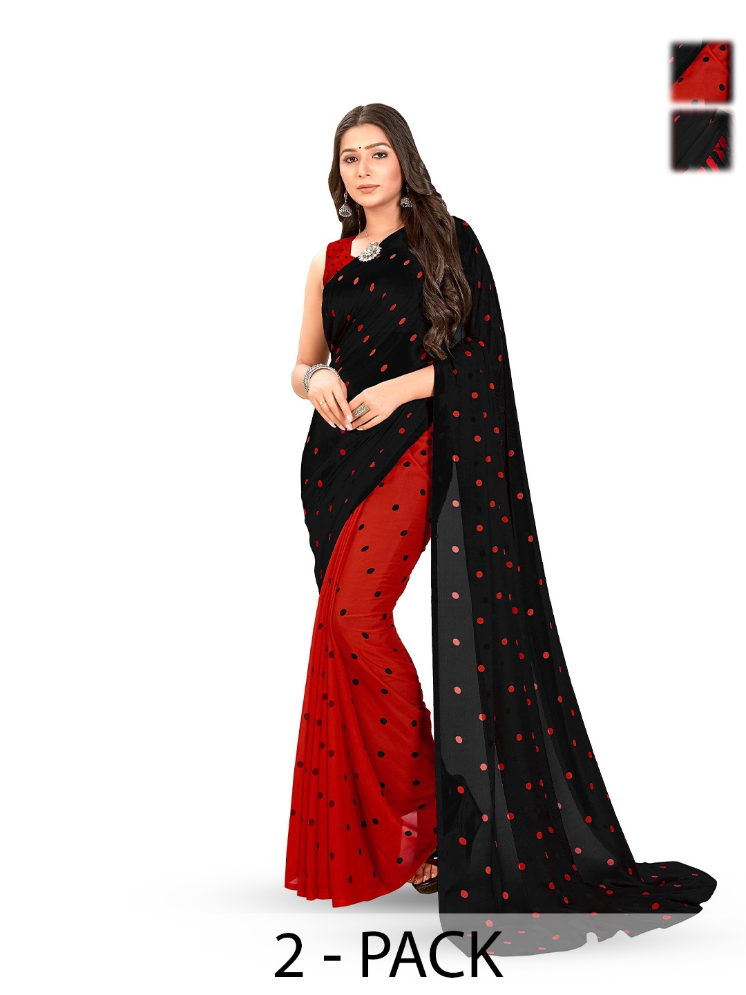 

ANAND SAREES Selection Of 2 Polka Dots Printed Sarees, Red