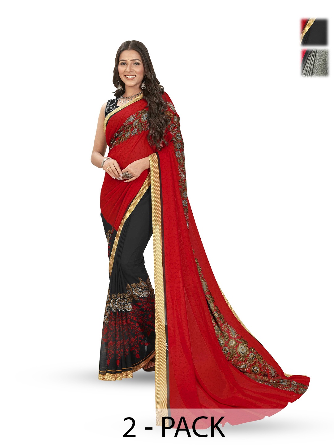 

ANAND SAREES Selection of 2 Floral Printed Sarees, Black