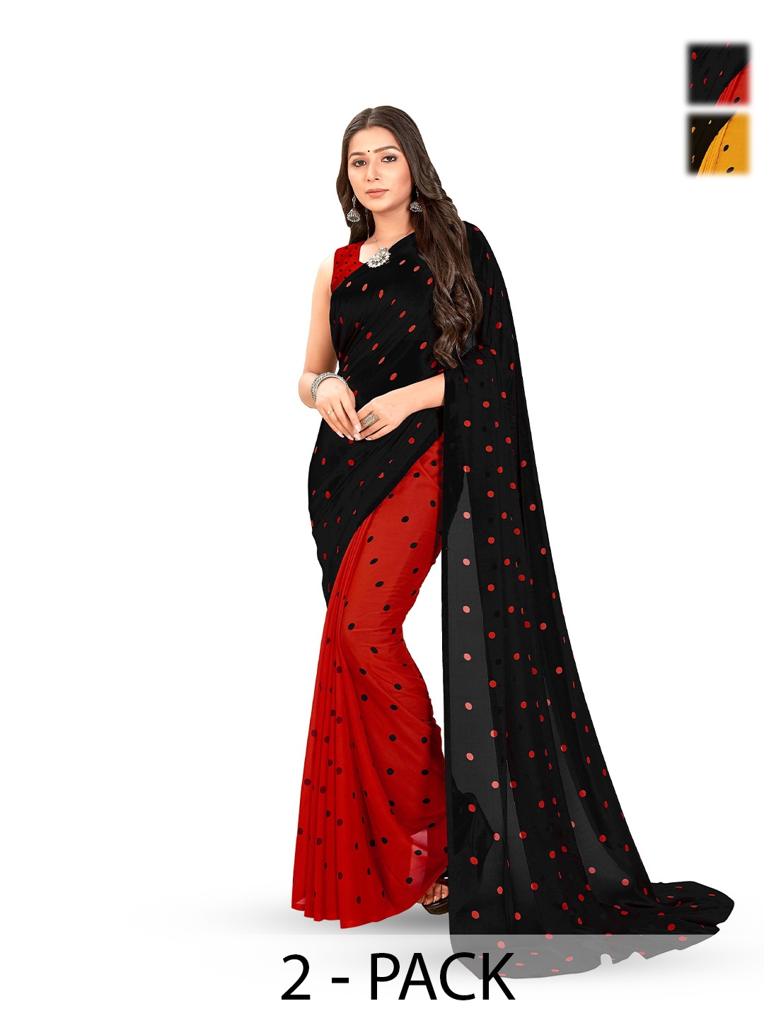 

ANAND SAREES Selection of 2 Polka Dot Printed Sarees, Black