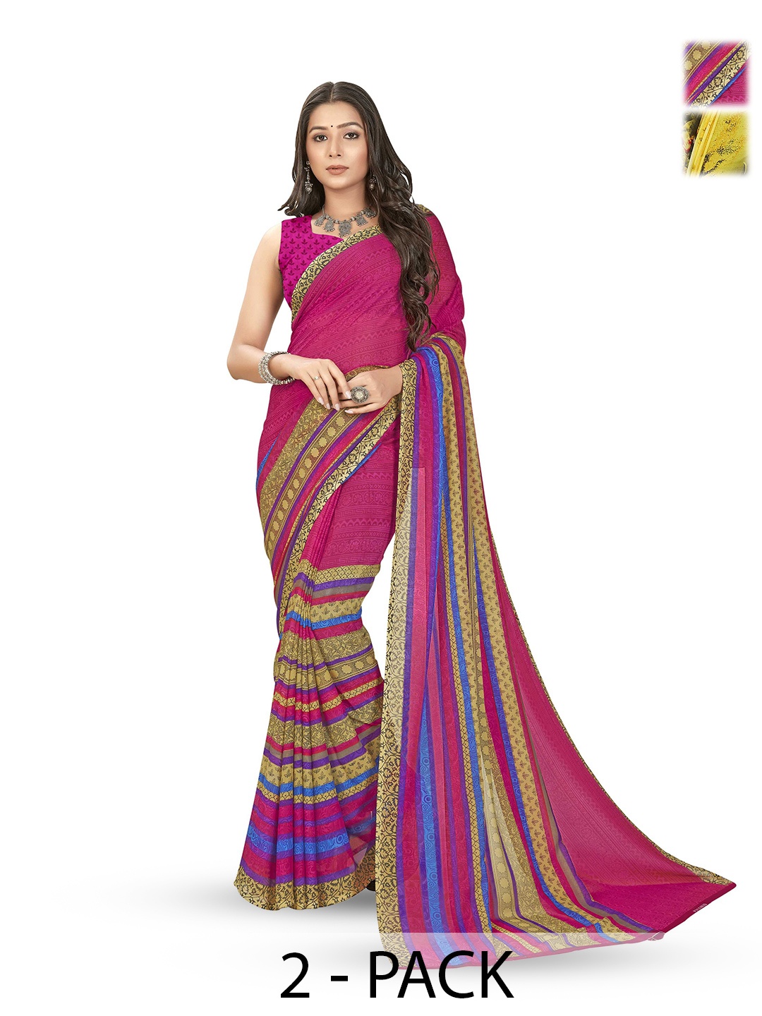 

ANAND SAREES Selection of 2 Floral Printed Sarees, Yellow