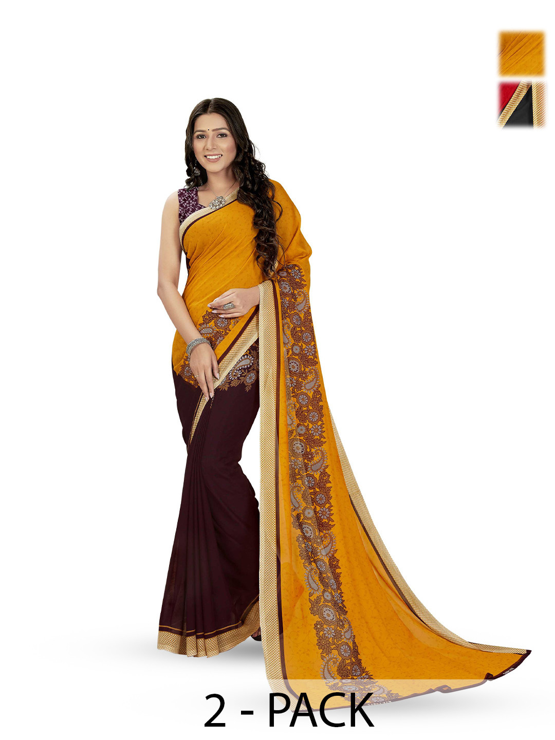 

ANAND SAREES Selection of 2 Floral Printed Sarees, Yellow